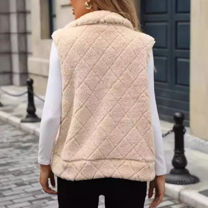 Women's Clothing Cardigan Zipper Loose Diamond Lattice Coat Plush Vest