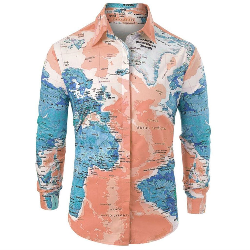 Mens Shirt World Map Print HiddenG Button Slim Fit Shirts