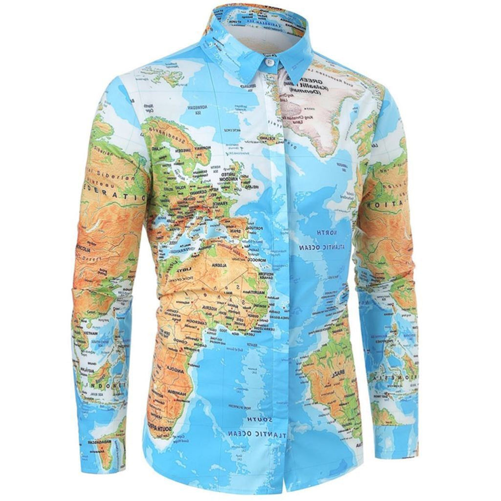 Mens Shirt World Map Print HiddenG Button Slim Fit Shirts
