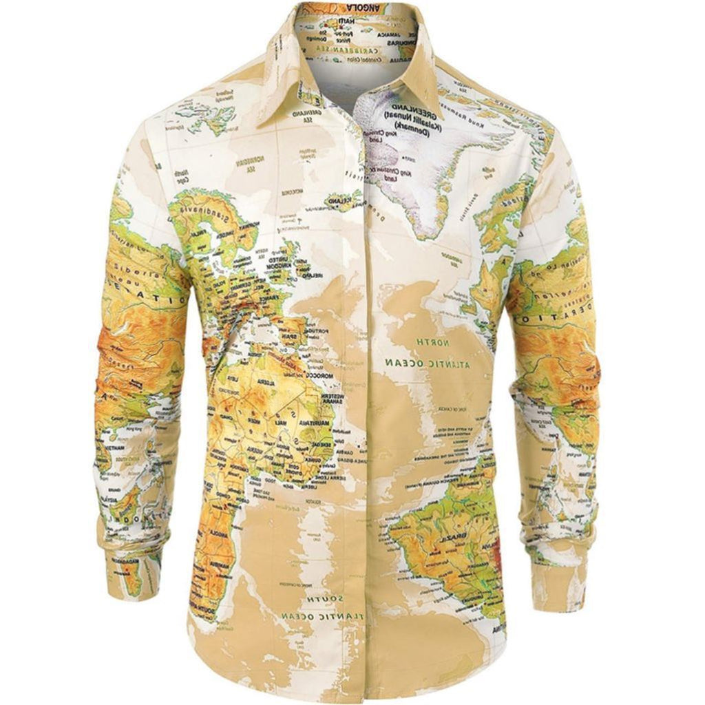 Mens Shirt World Map Print HiddenG Button Slim Fit Shirts
